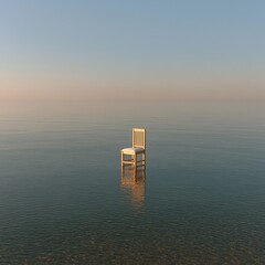 A single white wooden chair stands in perfectly still water, bathed in the warm, golden light of sunrise or sunset, creating a beautiful reflection