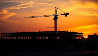 Silhouette of construction site at sunset, featuring a tower crane and building framework,  construction worker,  work