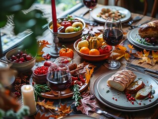 Festive Autumn Table Setting with Thanksgiving Dinner
