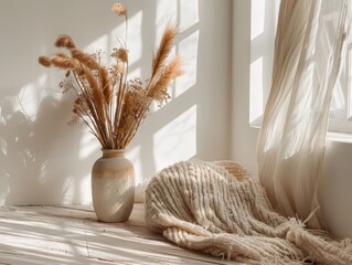 Neutral Vase with Dried Pampas Grass in Sunlight