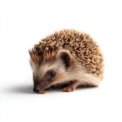 Fototapeta premium A small hedgehog with spiky fur is standing on a white background, appearing to sniff or eat something on the ground.