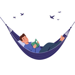Man in hammock reading a book with birds flying overhead
