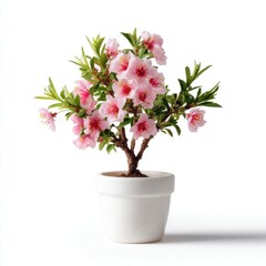A small bonsai tree with delicate pink flowers blooms in a white ceramic pot against a plain white background.