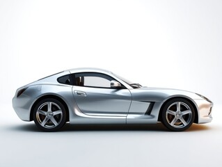 A sleek silver sports car is showcased in a studio with a clean white background.