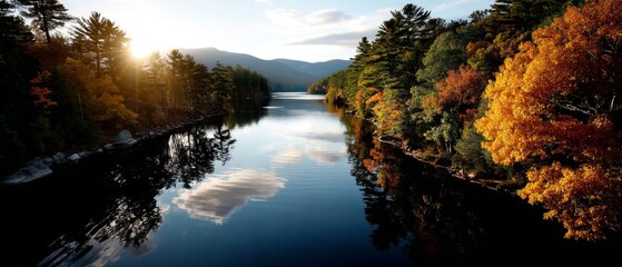 Autumn reflections on a tranquil river adirondack mountains nature photography scenic landscape aerial view peaceful serenity
