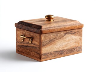 A handcrafted wooden box with a brass latch and knob, featuring a natural wood grain finish, set against a white background.