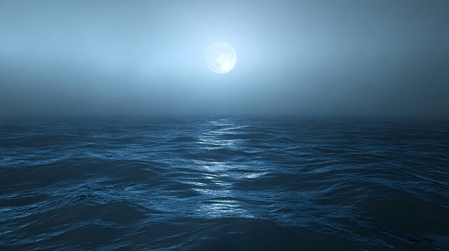 Mystical moonlight seascape with gentle ocean waves beneath foggy sky