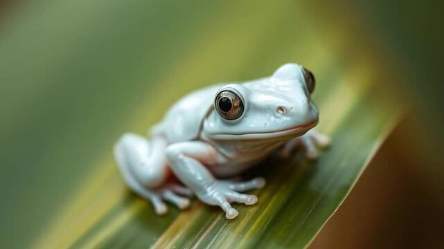 Close up of white tree frog on green leaf with soft green background