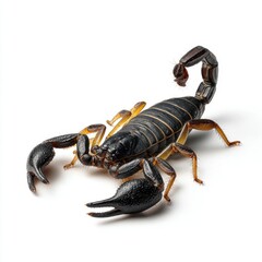 A close-up image of a black scorpion with raised pincers and tail, isolated on a white background.