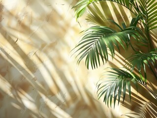 Palm Leaves and Shadows on Soft Green Background