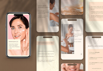 Editable Instagram Stories Template For Content Creators. 8 minimal aesthetic beauty and skincare storytelling slides with text and photo layout in soft beige tones for self-care and wellness brands