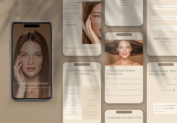 Minimalist Skincare Instagram Stories Set for Beauty Influencers. 8 Editable PSD Storytelling Template in Soft Natural Tones