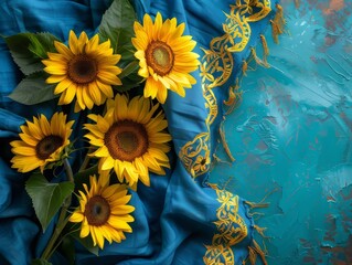 Sunflowers on Blue Fabric Background