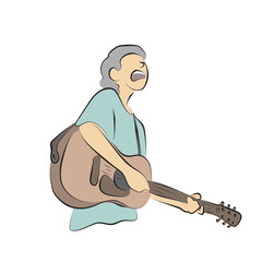 Young man playing acoustic guitar and singing illustration vector hand drawn with black lines isolated on white background.