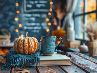 Autumn Cozy Study Scene with Pumpkin and Coffee