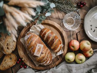 Rustic Autumn Still Life with Bread, Apples and Wine