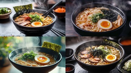 Four steaming bowls of ramen, each with variations of toppings including soft boiled egg, sliced pork, seaweed, spring onions, and noodles in rich broth.  