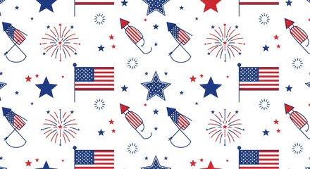 Obraz premium Patriotic Fourth of July Seamless Pattern Fireworks, Flags, and Stars