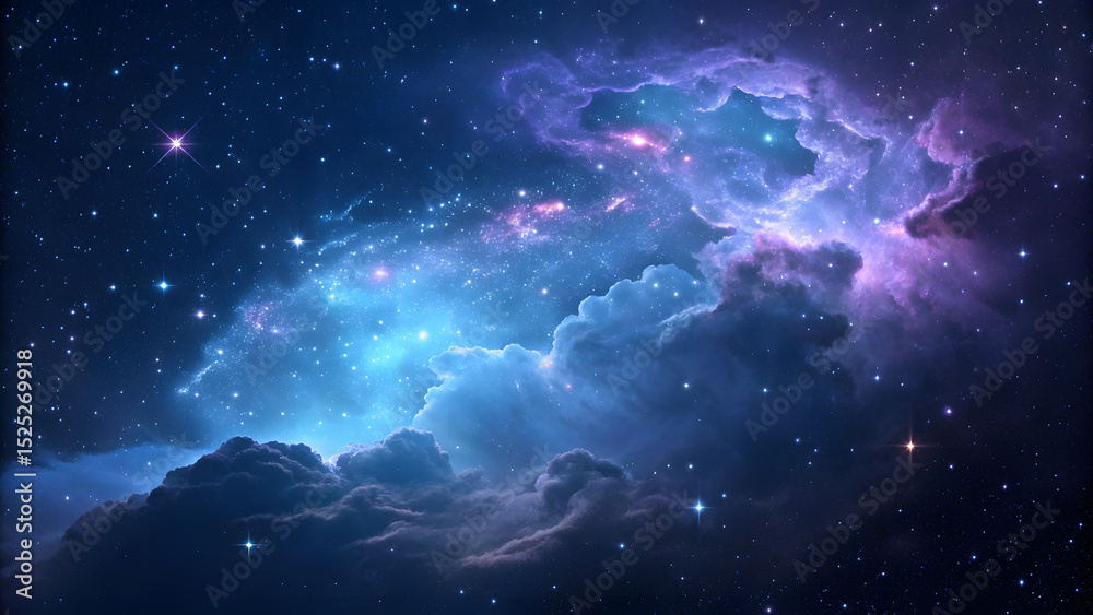 Wall mural ethereal blue and purple nebula-like cloud composed of sparkling particles, creating a celestial sce