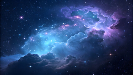 Fototapeta premium Ethereal blue and purple nebula-like cloud composed of sparkling particles, creating a celestial scene reminiscent of deep space phenomena against a dark background