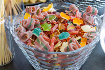 catering buffet with variety of food snacks and appetizers.