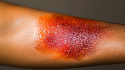 Close up of a severe red and inflamed sunburn on human skin, showing irritation and possible blistering.