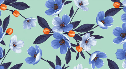 Floral pattern with blue and white flowers, orange buds, and dark leaves