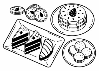 Outline vector illustration of an assortment of berbagai biskuit dan kue kering, arranged neatly, top-down view, delicate line art, transparent background