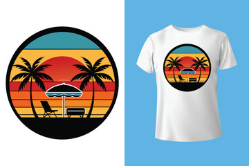 Minimal Coastal T-Shirt Design – Simple Line Art of Beach Scene, Summer Surf T-Shirt Graphic – Palm Tree and Boardwalk Sunset, Tropical Getaway Shirt Design – Island Palms and Blue Ocean.