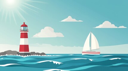 A stylized illustration depicts a red and white lighthouse on a rocky outcrop, with a sailboat navigating the blue ocean under a bright sun and fluffy clouds