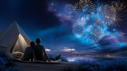 Friends enjoying fireworks while lying on the ground near a tent