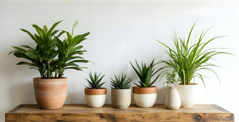 Obraz premium Warm Wooden Shelf with Green Plants in Minimalist Interior