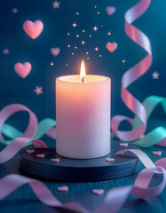A pale pink candle sits on a dark wooden surface. Pink and pale green ribbons are wrapped around the base of the candle and it lies on the floor. There are also small pink hearts and pink and green st