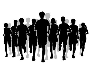 Silhouette of crowd of young people running, morning jogging, isolated icon on white background.	