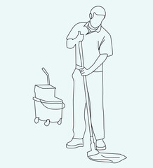 man mopping the floor. drawing of a man cleaning the floor using mop