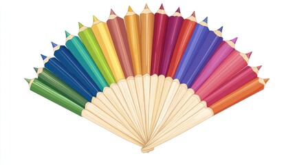 A vibrant array of colored pencils arranged in a fan-like shape against a white background, showcasing a spectrum of hues and wooden shafts