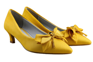 Elegant yellow satin heels with bows isolated on transparent background