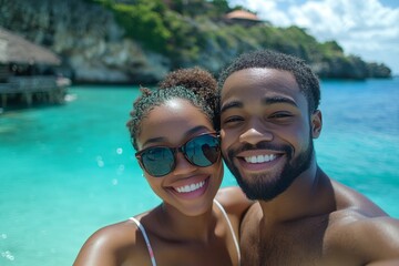 Obraz premium A beaming couple enjoys a selfie moment, illuminated by sunlight and a vivid turquoise ocean backdrop. Capture the joyous essence of their seaside experience.