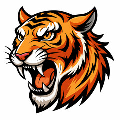 Roaring Tiger Head Vector Illustration on White Background with Detailed Stripes and Aggressive Expression Wildlife Design