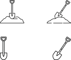 Minimalist Line Art Illustration of Four Distinct Shovels Depicting Digging and Labor Themes