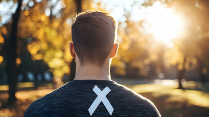 Man with 'X' symbol faces the vibrant autumnal scenery in a radiant park