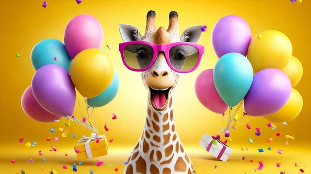 A cheerful giraffe celebrating with colorful balloons and gifts.