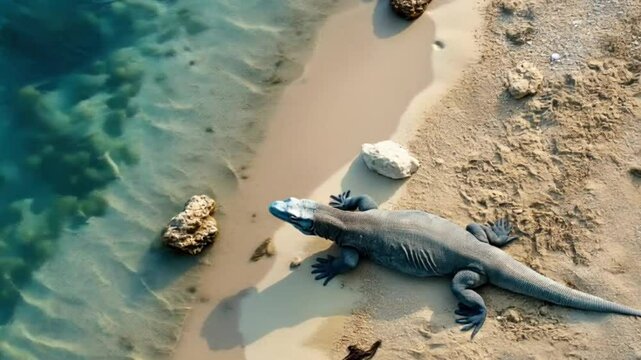 A large monitor lizard rests on a sandy beach near the ocean's edge, its body partially in the sand and partially near the gentle waves