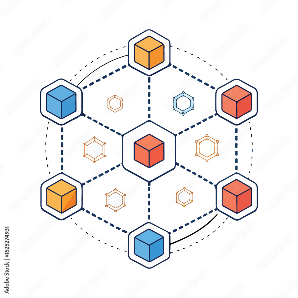 Aufkleber decentralized network connection blockchain technology with hexagon and cube nodes icon design