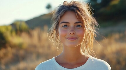 Captivating close-up portrait of a radiant woman, bathed in natural light, emanates pure joy and serenity, surrounded by a backdrop of golden fields.