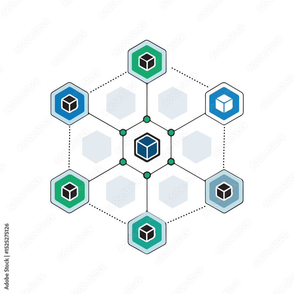 Aufkleber decentralized network connection blockchain technology with hexagon and cube nodes icon design