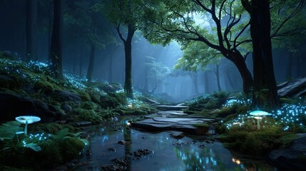Glowing forest with blue mushrooms and magic lights along river path at night