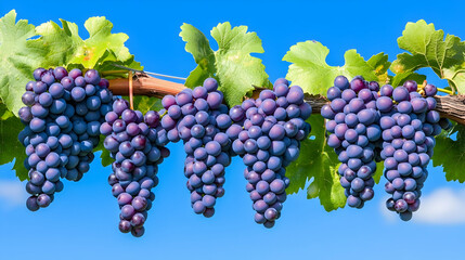 Luscious bunches of ripe grapes hang gracefully against the azure sky