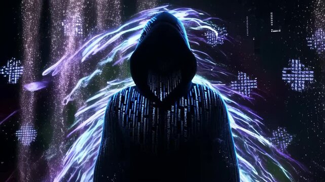 Mysterious hooded figure surrounded by digital glitching code and neon light trails