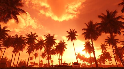 Obraz premium Tropical sunset with palms and vehicles